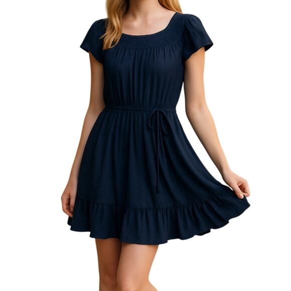 Lulus Flirtatious Feelings Navy Blue Swiss Dot Ruffled Mini Dress Small - Picture 2 of 11